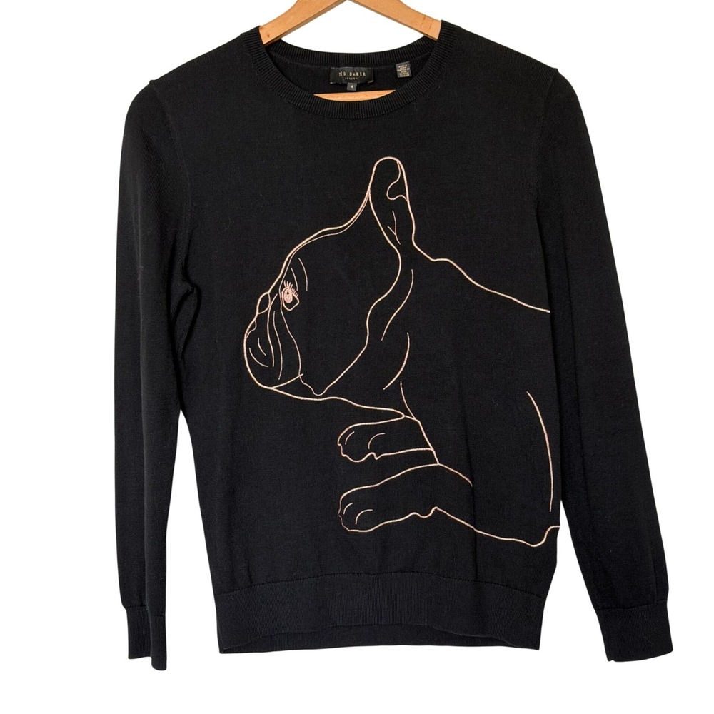 Ted Baker Sweater Womens 4 Black French Bulldog Rose Gold Embroidered Crew Neck